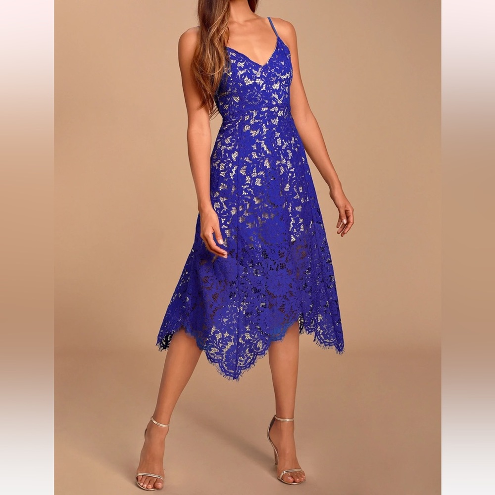 Lulu’s Cobalt Blue One Wish Lace Midi Dress